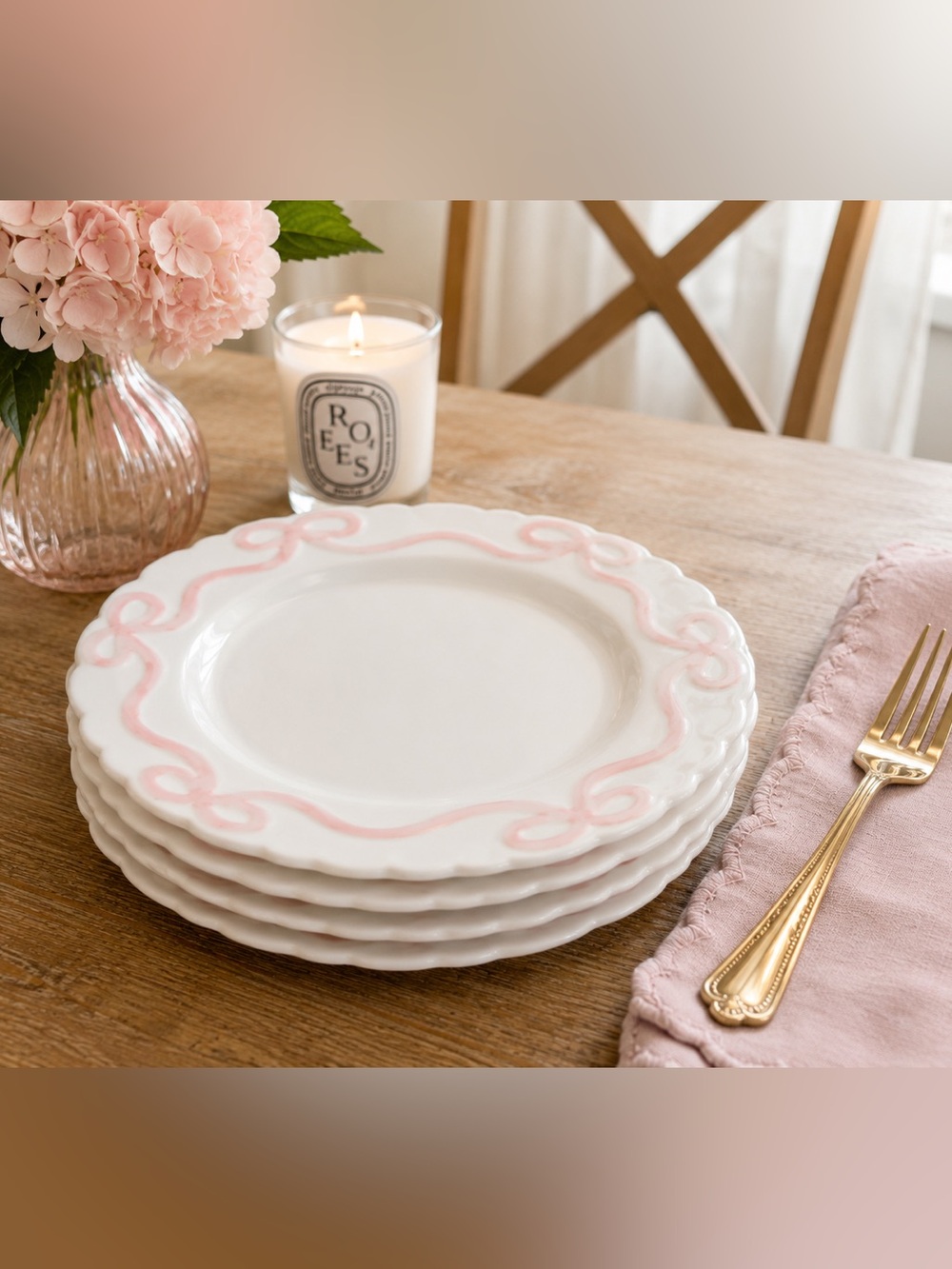 Crofton Pink Bow Scalloped Bone China Dessert Salad Plates Set of 4 NWT